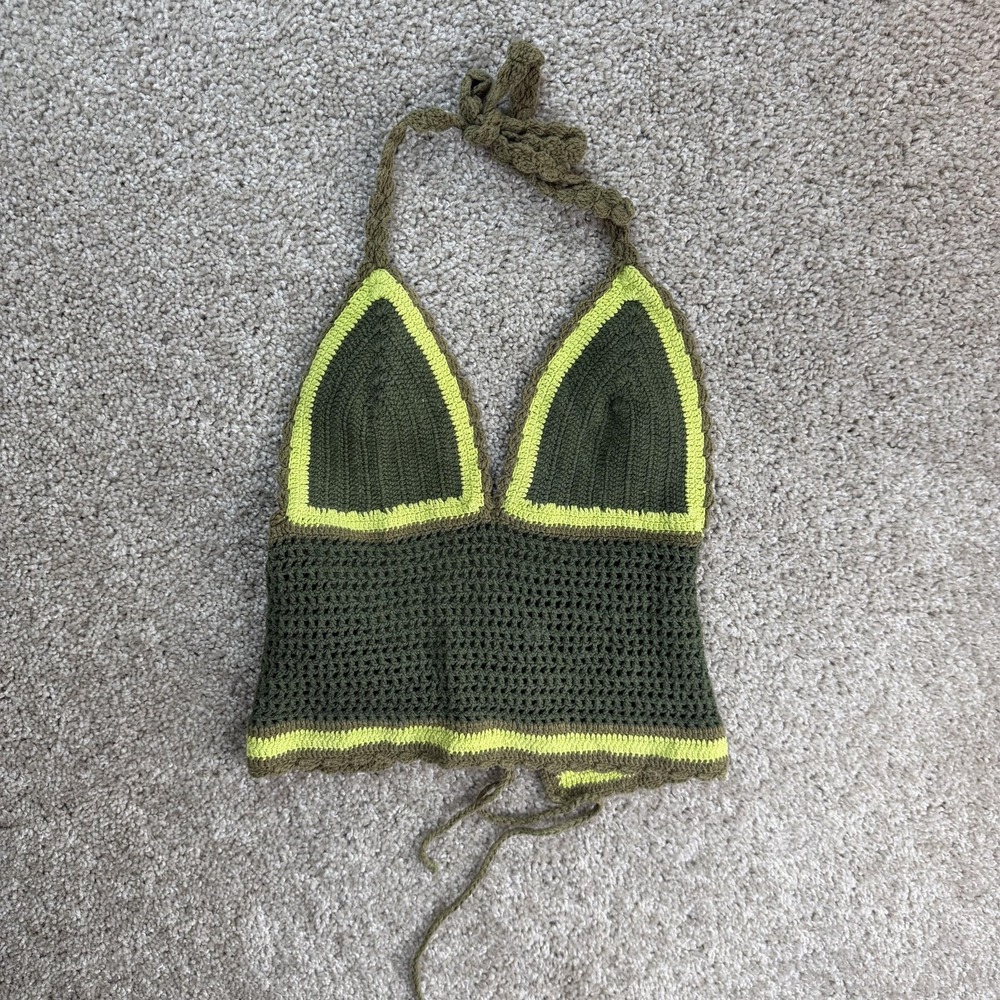Sahaja Tank Top Womens L Green Crochet Halter Lace Up Cropped Boho Festival